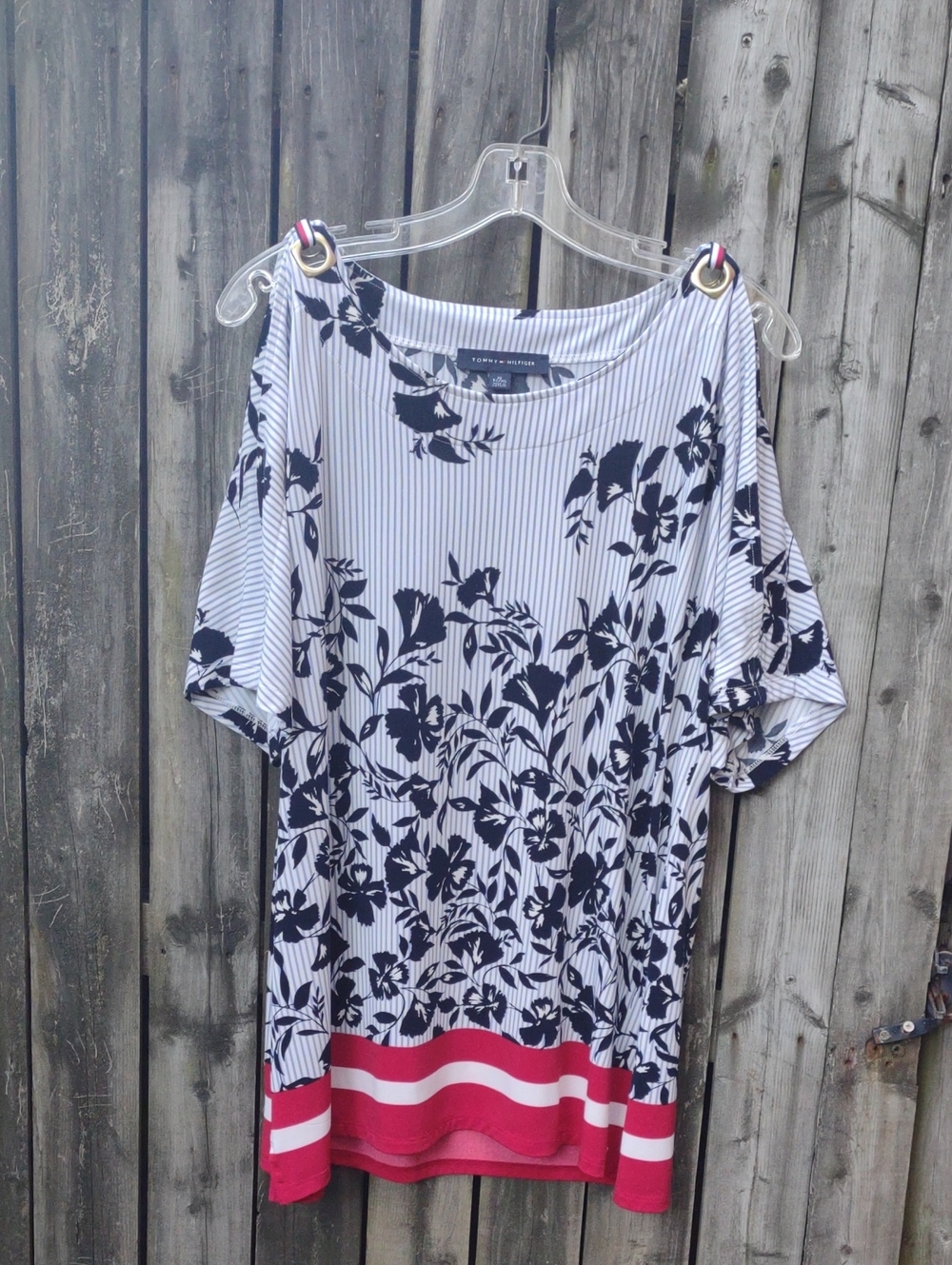 Tommy Hilfiger Navy Floral Stripe Cold-Shoulder Tunic with Pink Hemline
